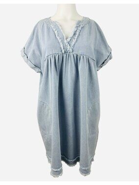 Entro Babydoll Mini Dress Womens S Blue Soft Denim Short Sleeve Pockets